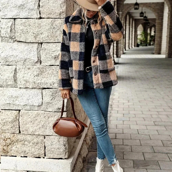 Multicolor Casual Women's Buffalo Plaid Dual Pocket Drop Shoulder Flannel Coat - Picture 6 of 6